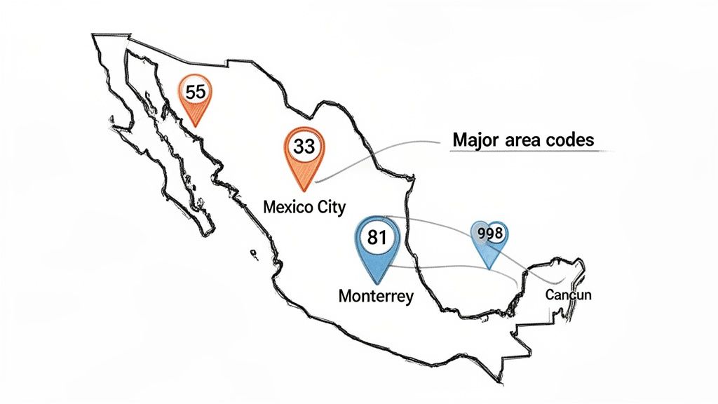 Map of Mexico highlighting major area codes 33, 55, 81, 998 for cities like Mexico City, Monterrey, and Cancun.