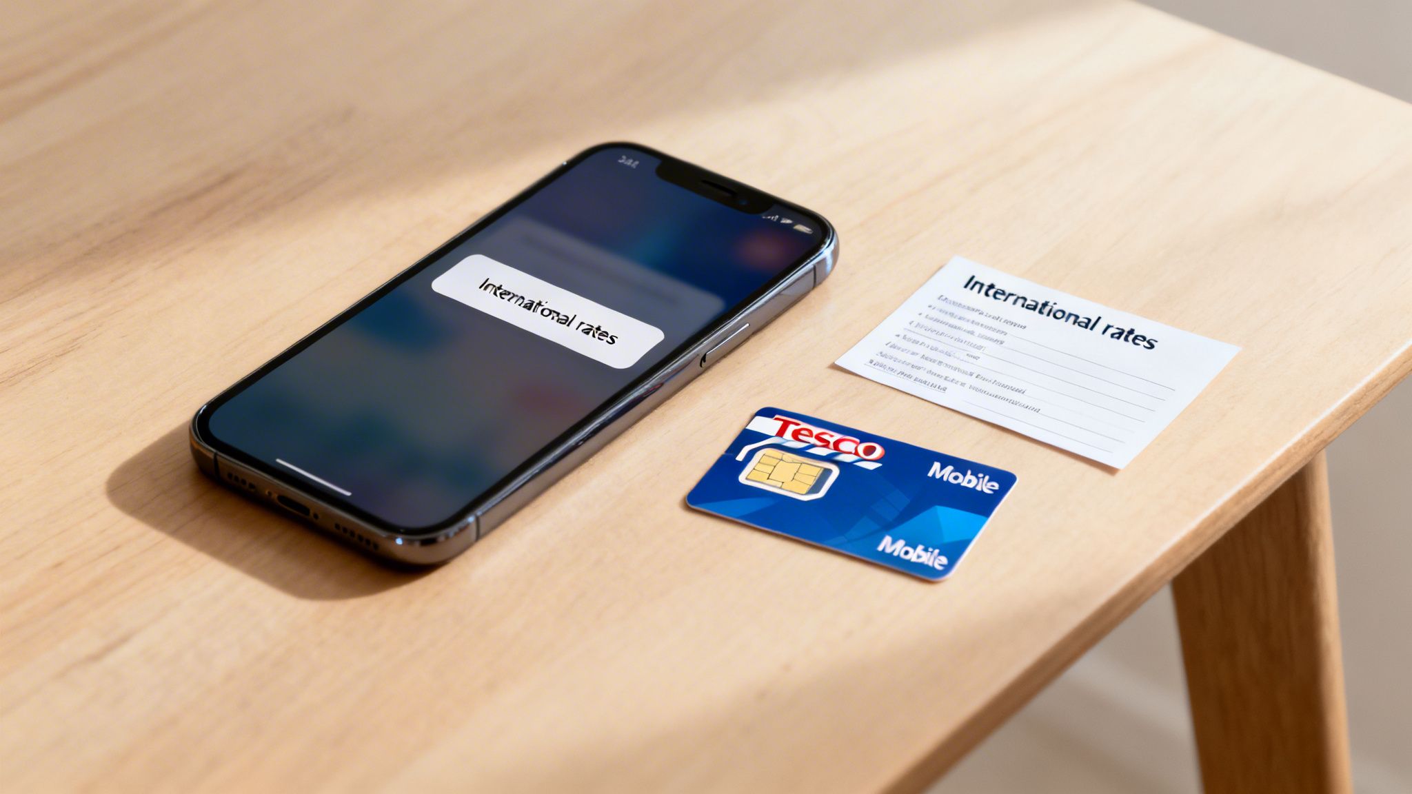 A smartphone displaying 'International rates' next to a Tesco Mobile SIM card and a rates card.