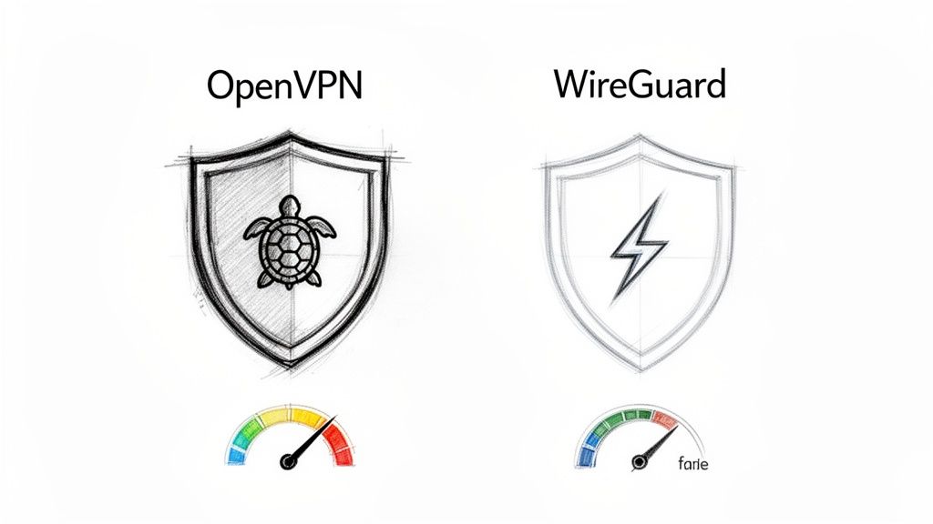 Comparison of OpenVPN and WireGuard VPN protocols, showing OpenVPN as slow (turtle) and WireGuard as fast (lightning bolt).