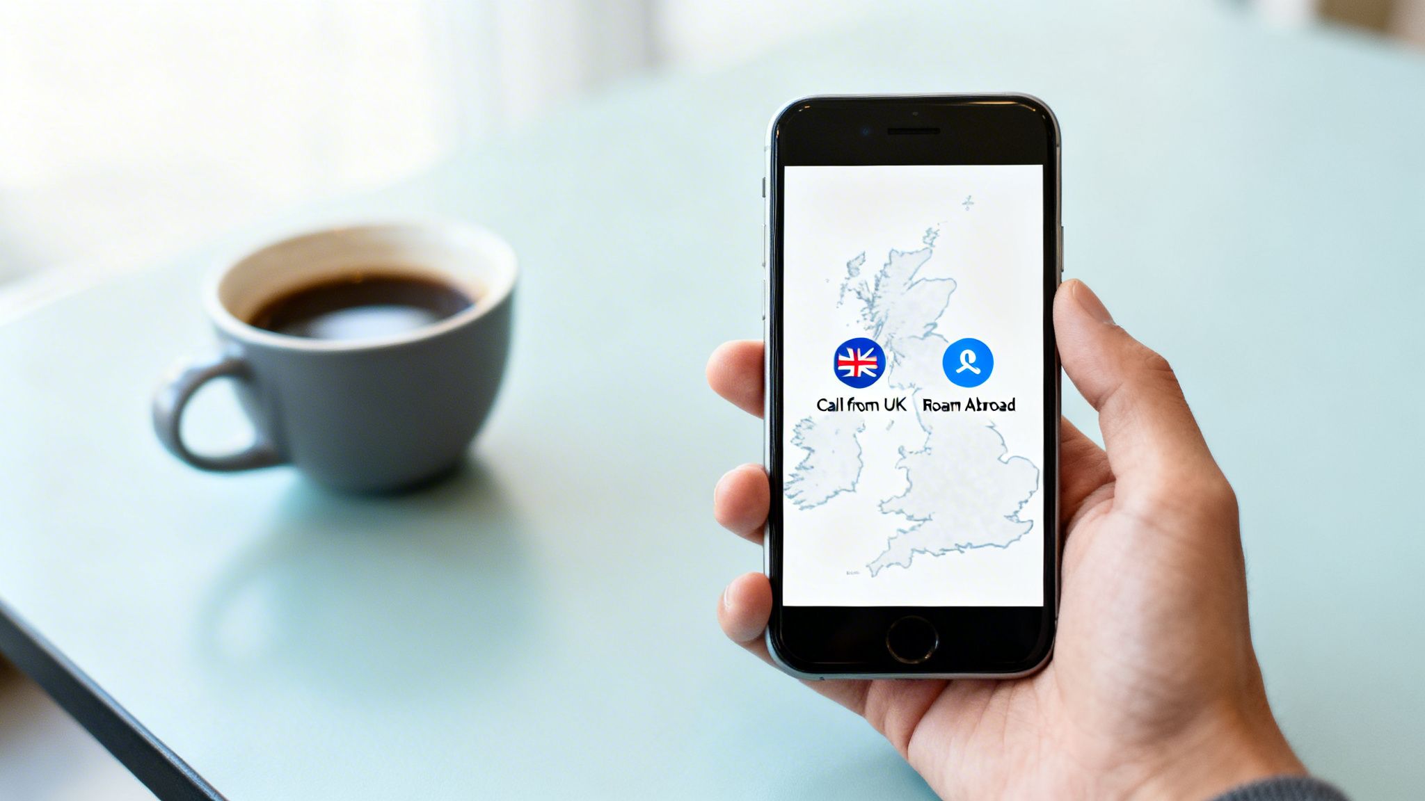 A hand holds a smartphone displaying a UK map with options for "Call from UK" and "Roam Abroad", next to a coffee cup.