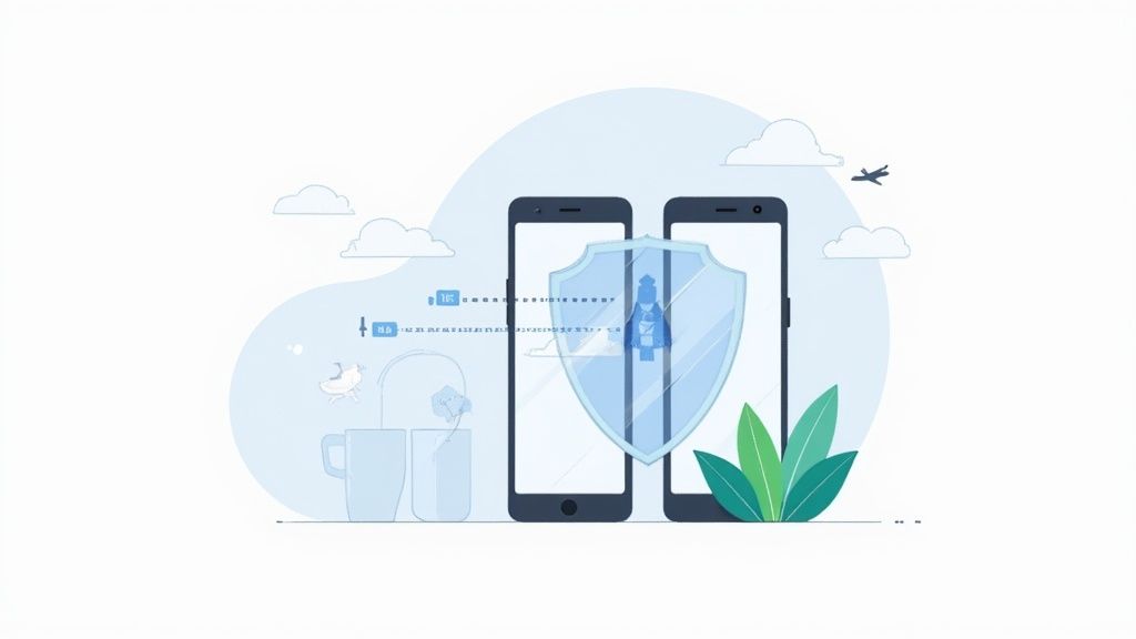 Seseorang menggunakan ponsel Android secara aman dengan VPN aktif, disimbolkan oleh ikon perisai.
