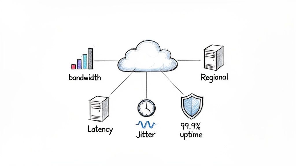 Handgezeichnetes Diagramm mit Cloud‑Computing‑Metriken: Bandbreite, Region, Latenz, Jitter und 99,9 % Verfügbarkeit.