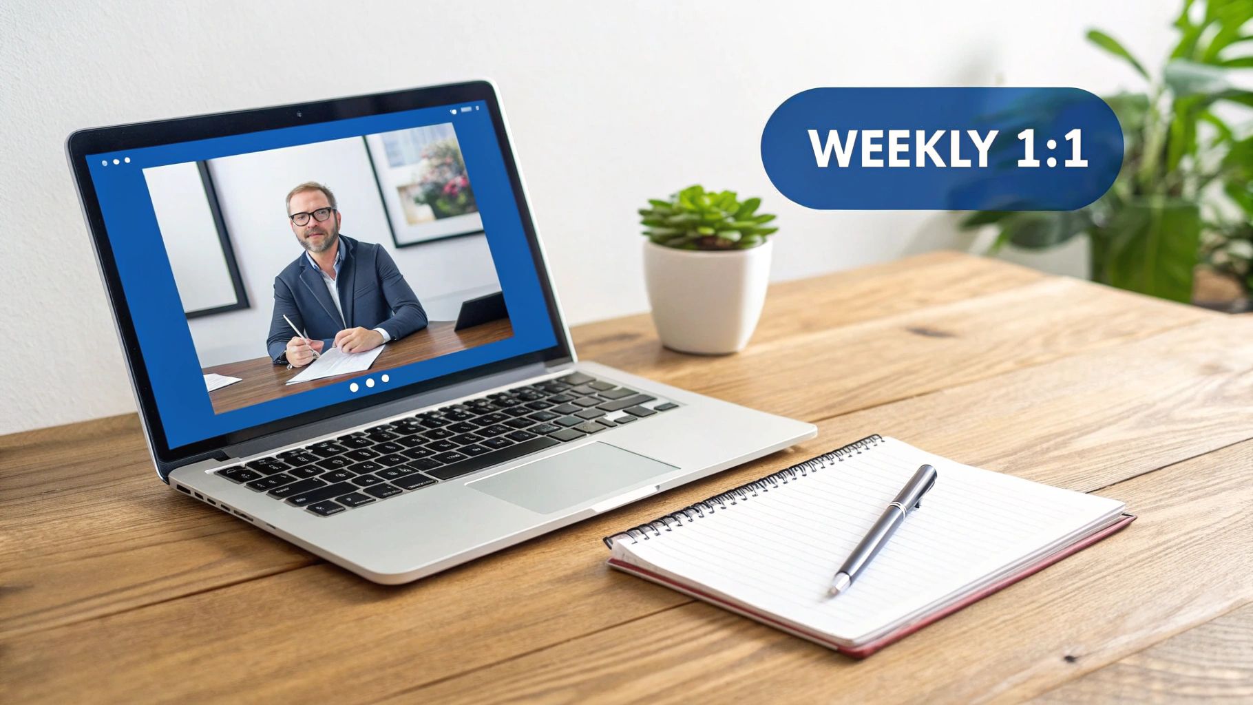 Un homme en appel vidéo sur son ordinateur portable lors d'un entretien hebdomadaire en 1:1, travaillant à distance depuis un bureau en bois.