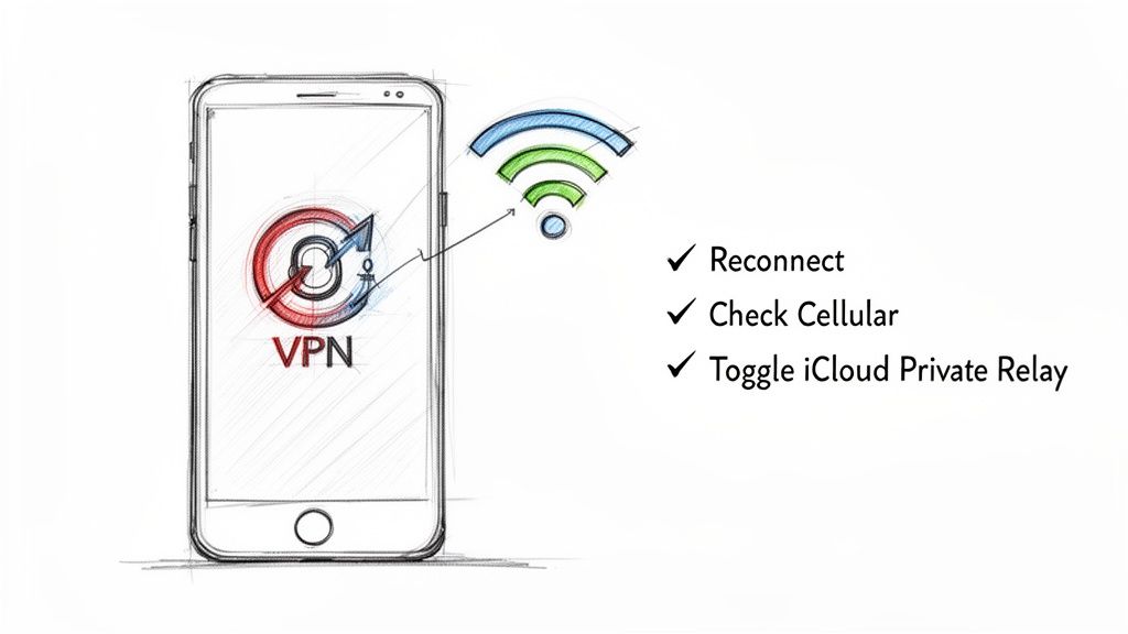 A sketch of a smartphone with a VPN logo connecting to Wi-Fi, next to a checklist for network troubleshooting.