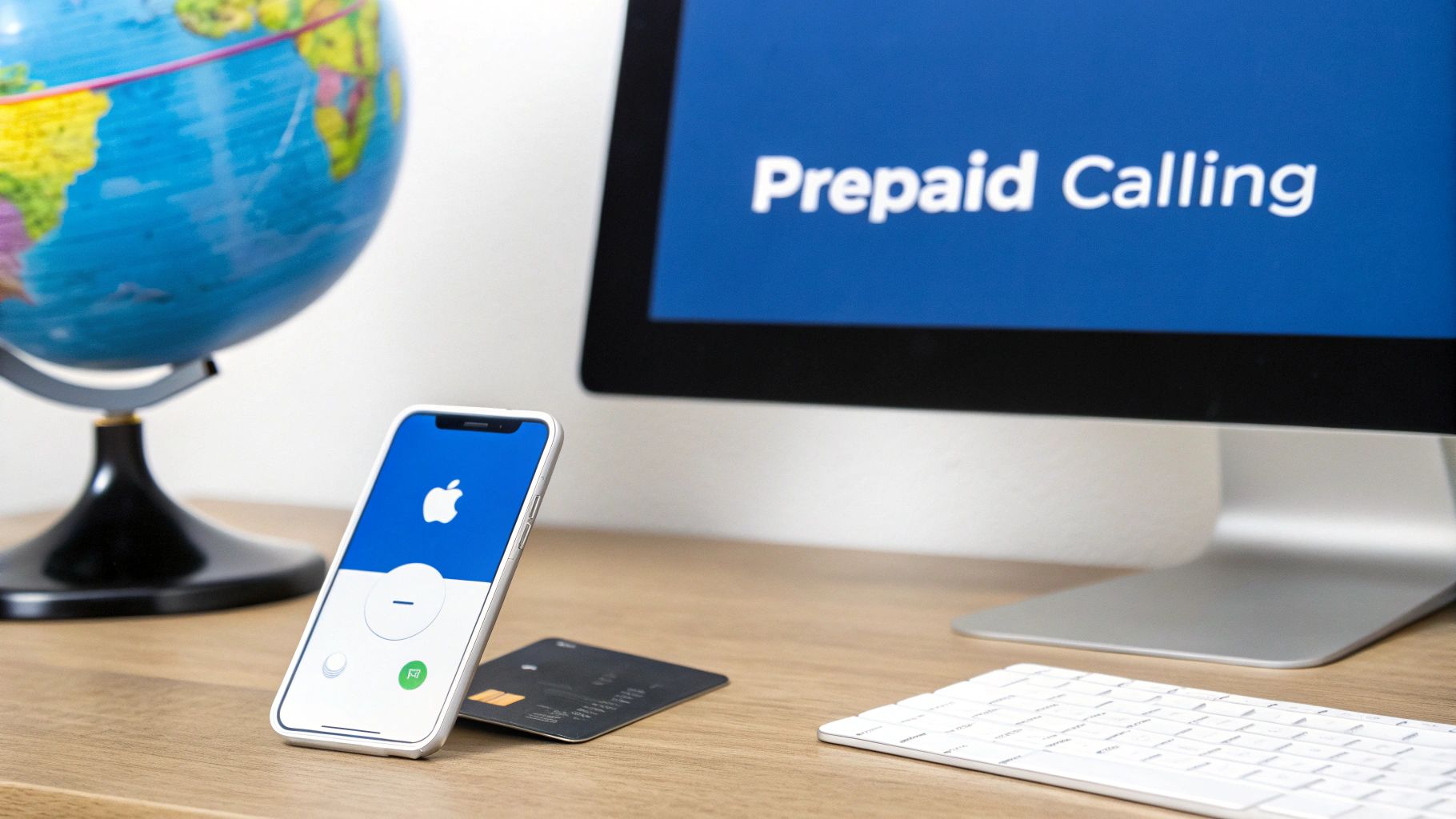 An iPhone with an Apple logo, a credit card, a globe, and a monitor displaying 'Prepaid Calling' on a wooden desk.