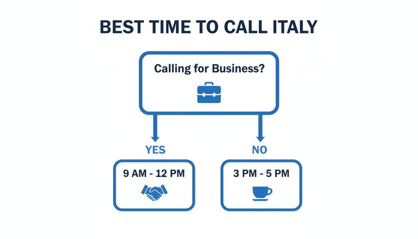 ビジネスか個人かによってイタリアにかけるベストな時間を示すフローチャート。