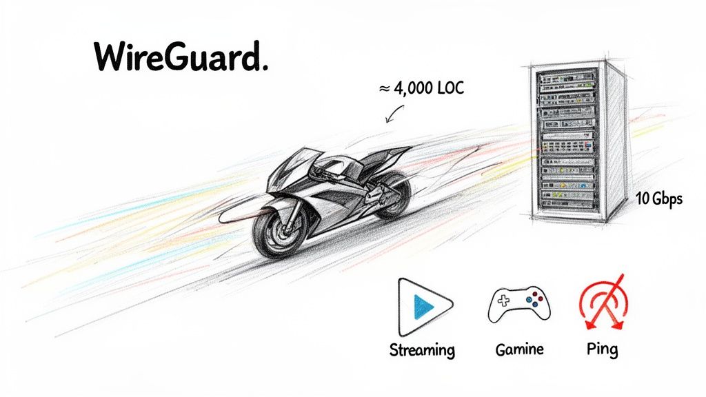 WireGuard VPN protocol speed with motorcycle, 4,000 LOC, 10 Gbps for streaming, gaming, low ping.