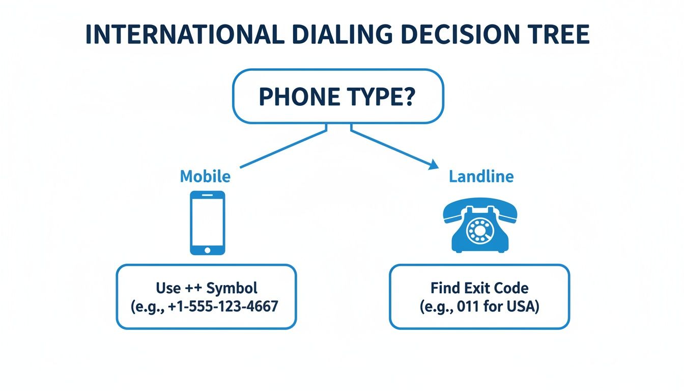 Arbre de décision pour la numérotation internationale illustrant comment appeler un mobile versus une ligne fixe.