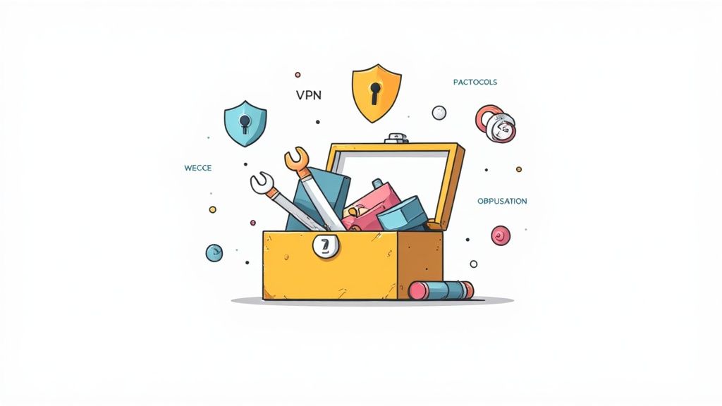 Illustration of a toolbox with cybersecurity tools, VPN, protocols, and security shield icons.