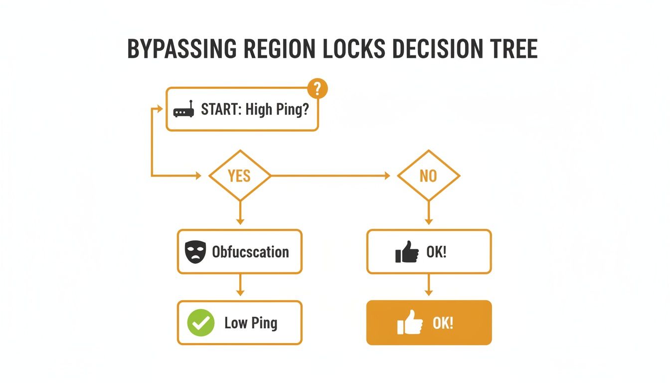 A flowchart showing how to bypass region locks for lower ping, starting with a high ping check.