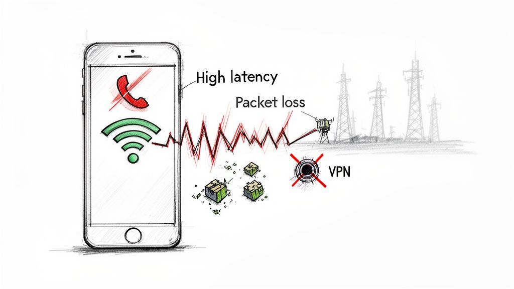Illustration of a smartphone experiencing WiFi network problems: high latency, packet loss, and VPN disabled.