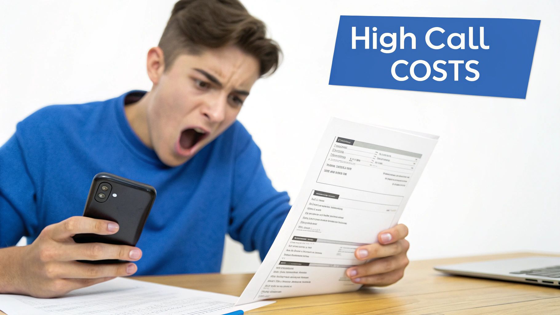 Un jeune homme choqué par une facture téléphonique élevée, tenant son smartphone et une facture.