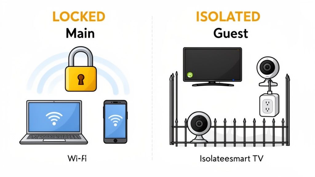 Comparison of a locked main Wi-Fi network for personal devices and an isolated guest network for smart home devices.