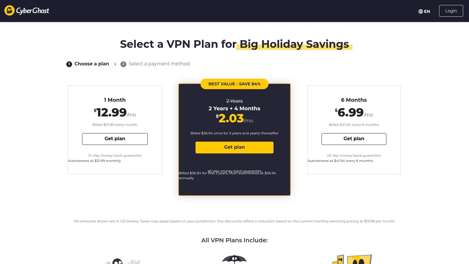 CyberGhost VPN pricing plans showing different subscription lengths