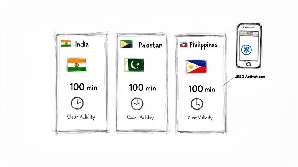 インド、パキスタン、フィリピン向けの100分バンドルとUSSDでの有効化を示す3つのボックス