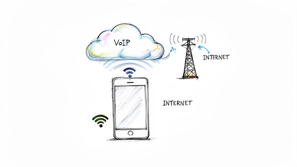 スマートフォンでインターネットやWi-Fiを使ってVoIP通話を行う図解