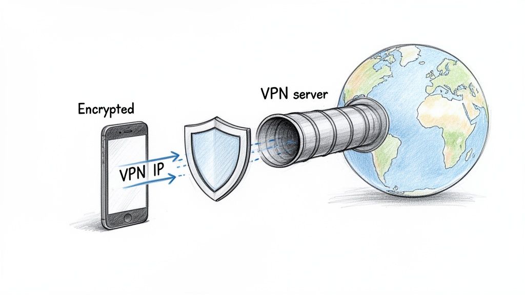 A smartphone connects to a VPN server through an encrypted tunnel, illustrating IP address protection.
