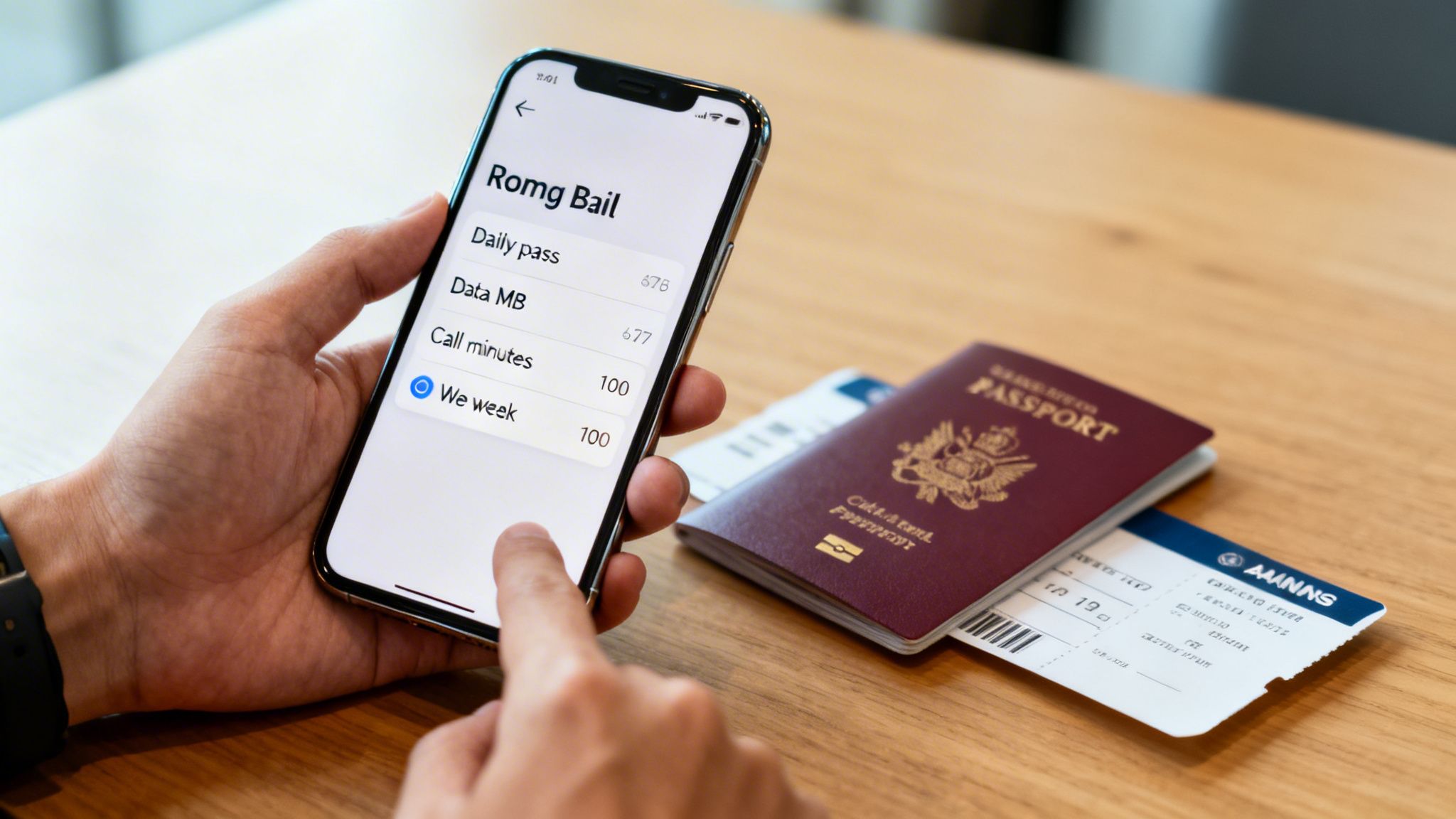 A person uses a smartphone app to check mobile roaming plans next to a passport and a boarding pass.