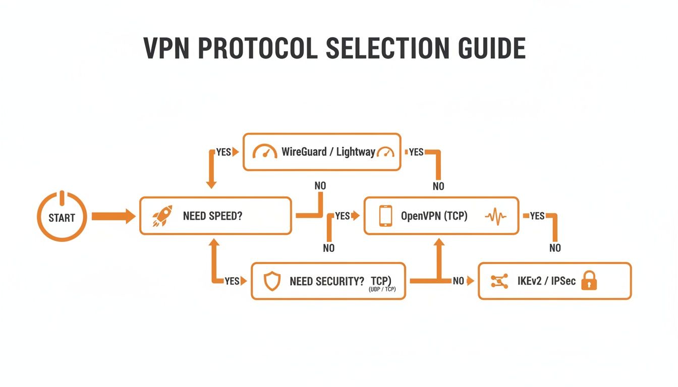 مخطط انسيابي يوجّه اختيار بروتوكول VPN بناءً على احتياجات المستخدم للسرعة والأمان.
