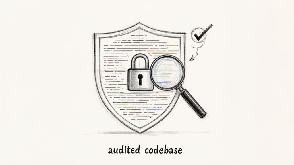 A hand-drawn image of a shield with code, padlock, magnifying glass, and checkmark, illustrating an audited codebase.