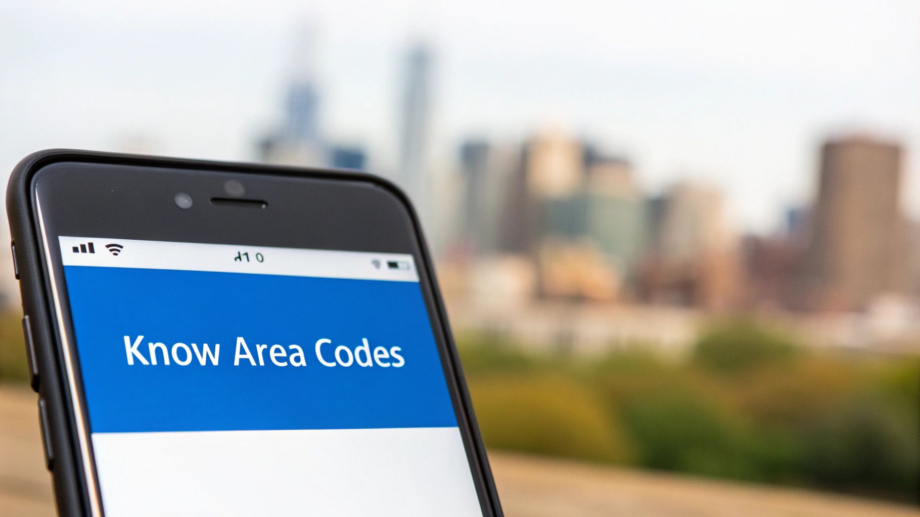 Smartphone displaying Know Area Codes app interface with blurred city skyline background
