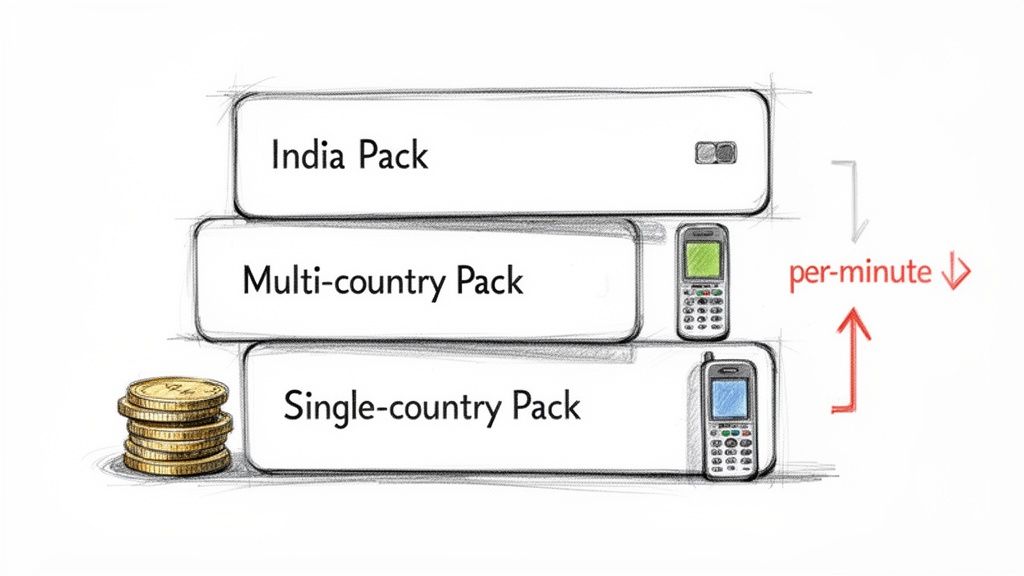 インド、マルチカントリー、単一国の国際通話パックを比較した図：分単価差を示す