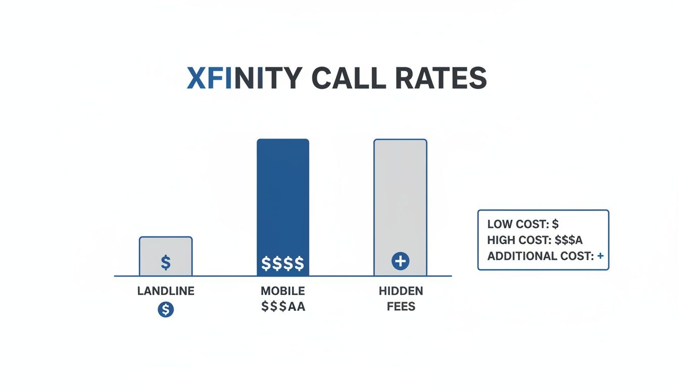 Säulendiagramm, das Xfinity-Anruftarife für Festnetz, Mobil und versteckte Gebühren vergleicht, mit Legende.