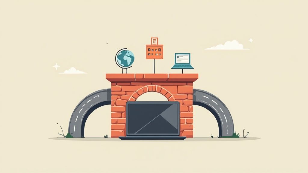 An illustration of a brick structure with digital devices and roads, symbolizing connectivity and access.