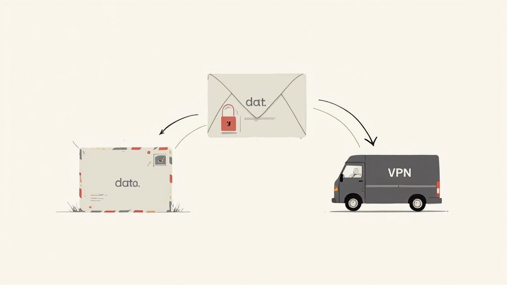 رسم توضيحي يبيّن نفقاً آمناً يربط الجهاز بالإنترنت، يشرح كيفية عمل VPN.