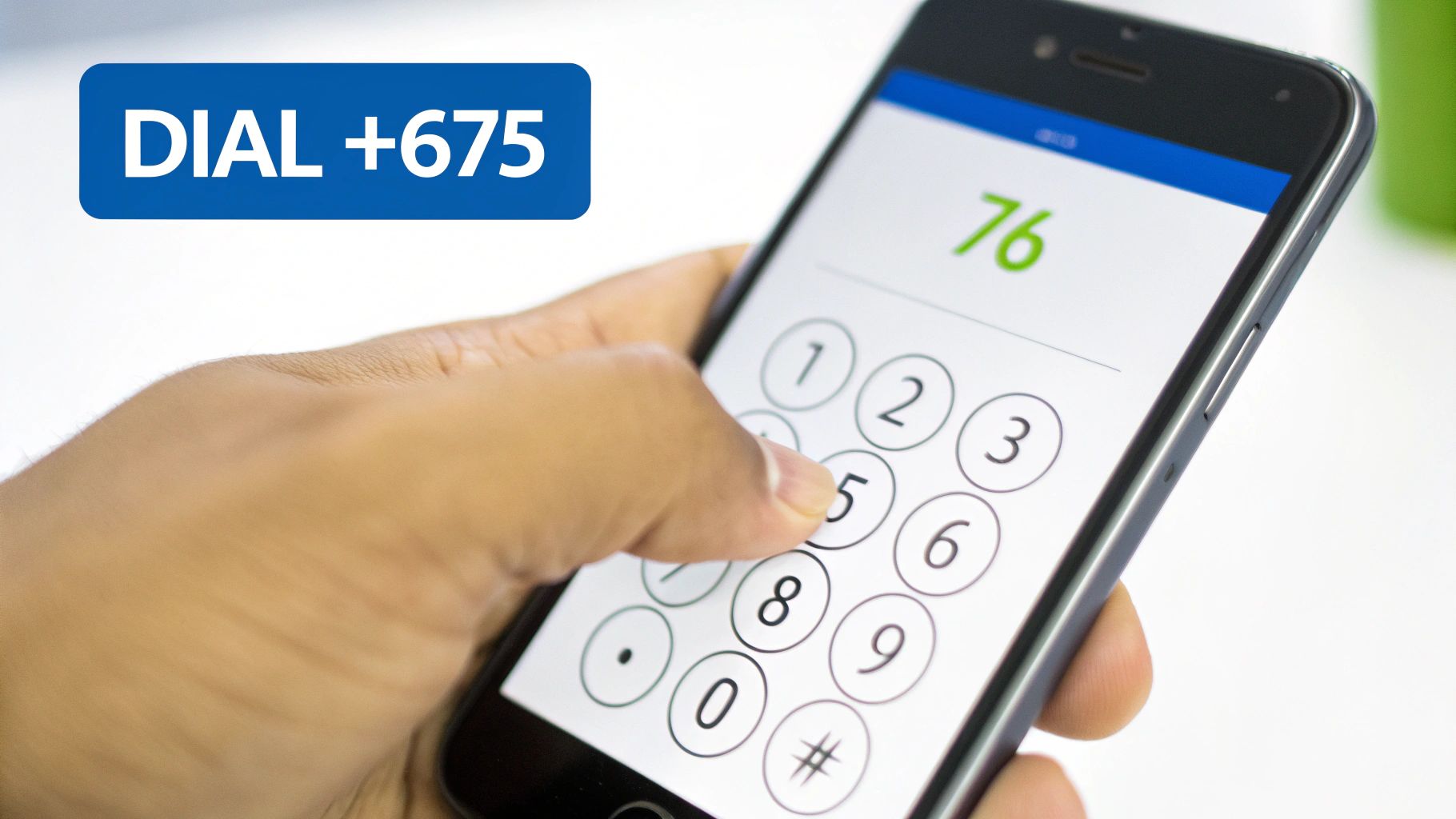 Nahaufnahme eines Smartphone-Bildschirms, auf dem +675 gewählt wird, mit unscharfem Papua-Neuguinea-Kartenhintergrund.