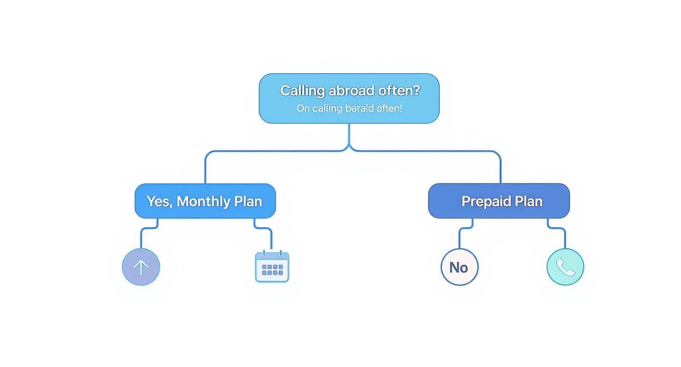 A decision flowchart helps choose between monthly and prepaid calling plans based on international call frequency.