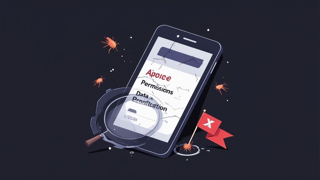 رسم توضيحي لهاتف ذكي مكسور، عدسة مكبرة، وبرمجيات خبيثة حمراء، يرمز لمخاطر أمان وخصوصية Android.