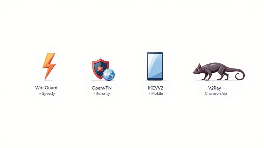 مقارنة مرئية لأربعة بروتوكولات VPN: WireGuard (السرعة)، OpenVPN (الأمان)، IKEv2 (المحمول)، وV2Ray (مقاومة الرقابة).