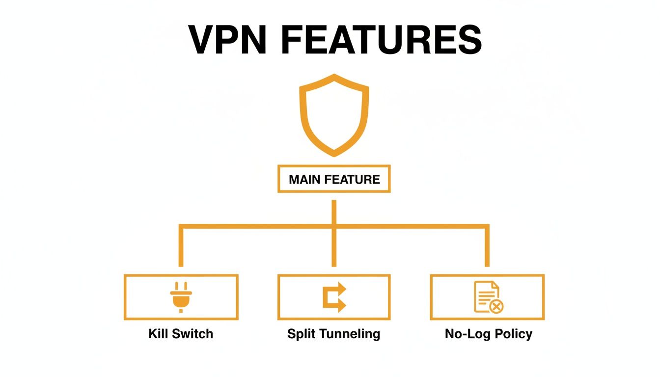 Diagram illustrating key VPN features: Kill Switch, Split Tunneling, and No-Log Policy.