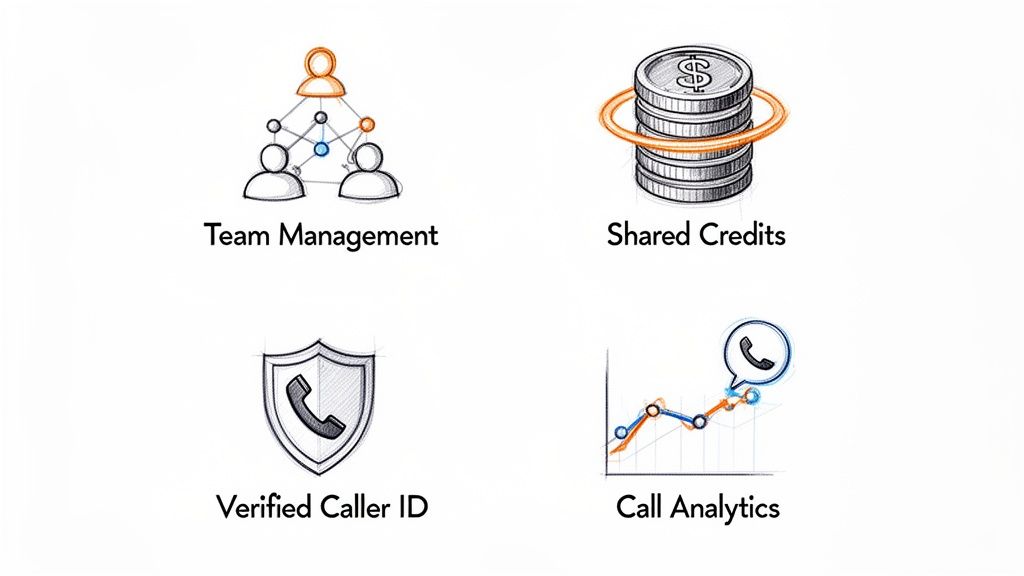 Vier Symbole für Business-Funktionen: Teamverwaltung, gemeinsame Credits, verifizierte Rufnummer und Gesprächsanalysen.