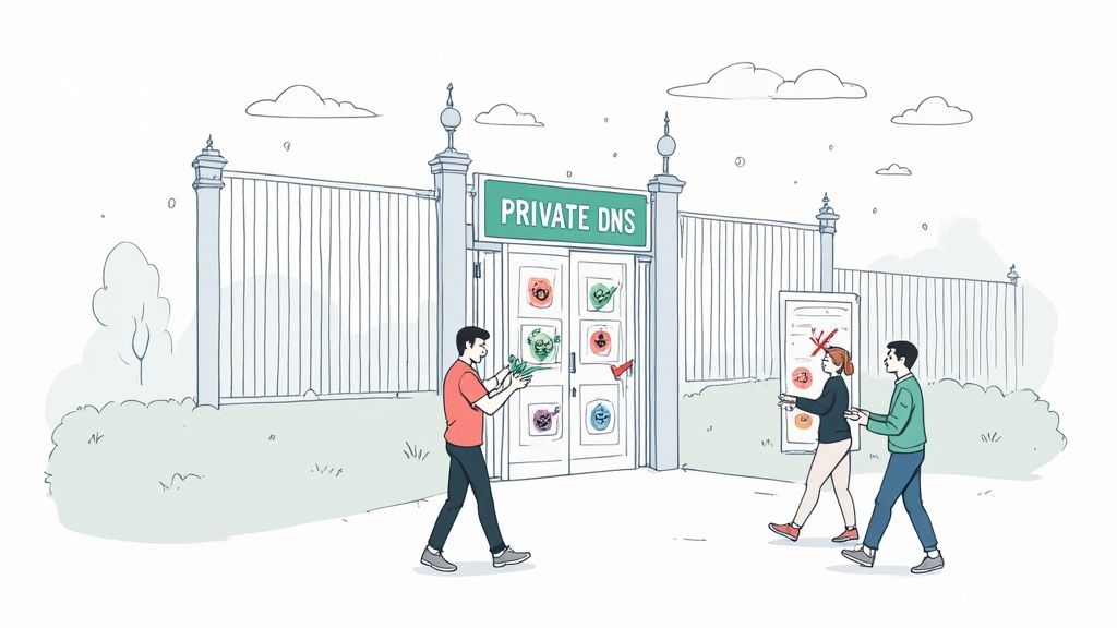Person choosing private DNS service while others review security options at gateway entrance