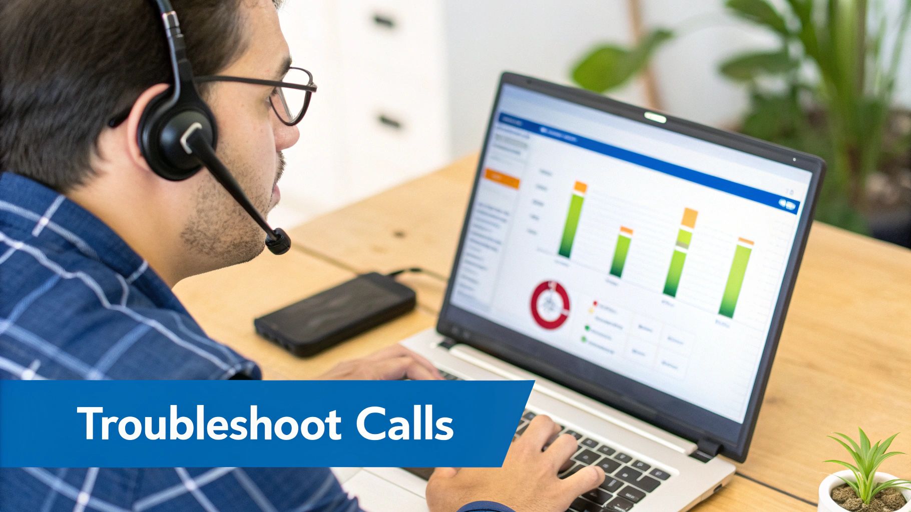 A man wearing a headset looks at a laptop displaying charts and typing, troubleshooting calls.