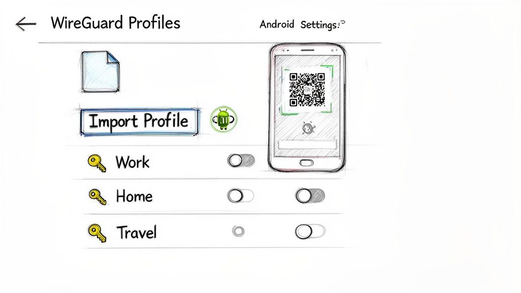 Hand-drawn WireGuard profiles app interface showing import options, QR scan, and profile toggles for Work, Home, Travel.
