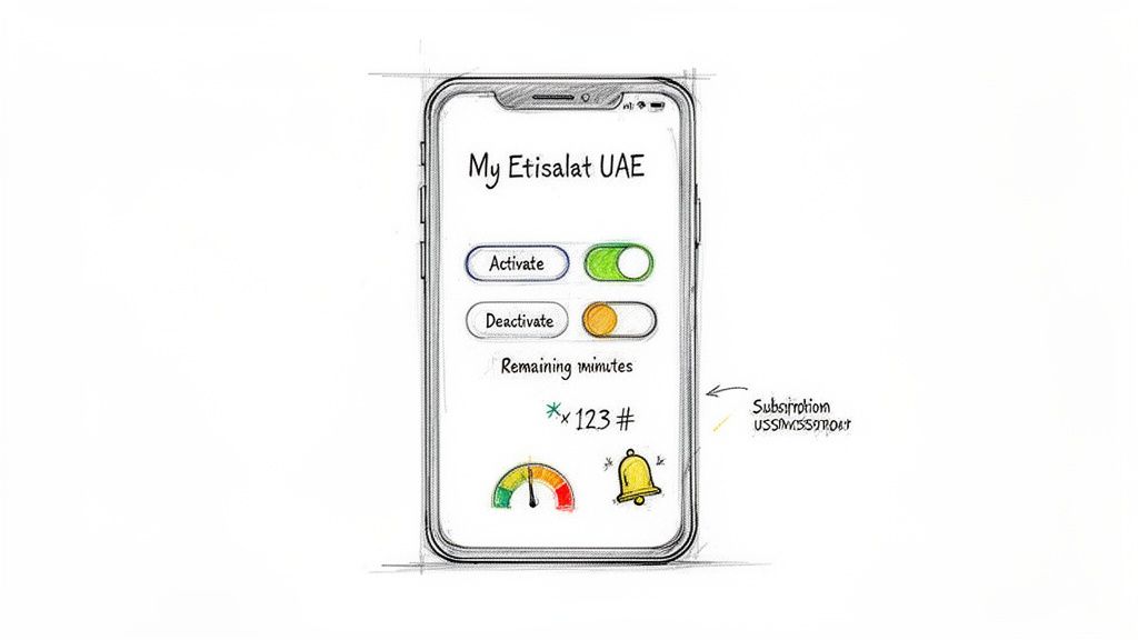 Etisalat UAEのスマホアプリの手描きスケッチ。アクティベーションオプションと残り分数を表示
