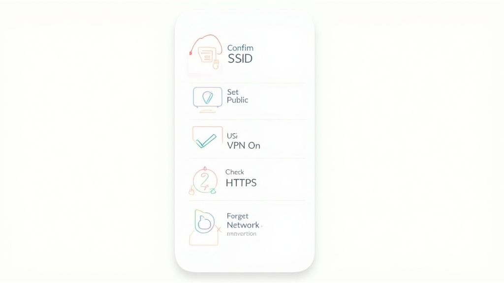 تطبيق على هاتف ذكي يعرض قائمة فحص لتأمين Wi‑Fi، بما في ذلك VPN وHTTPS وإعدادات الشبكة.