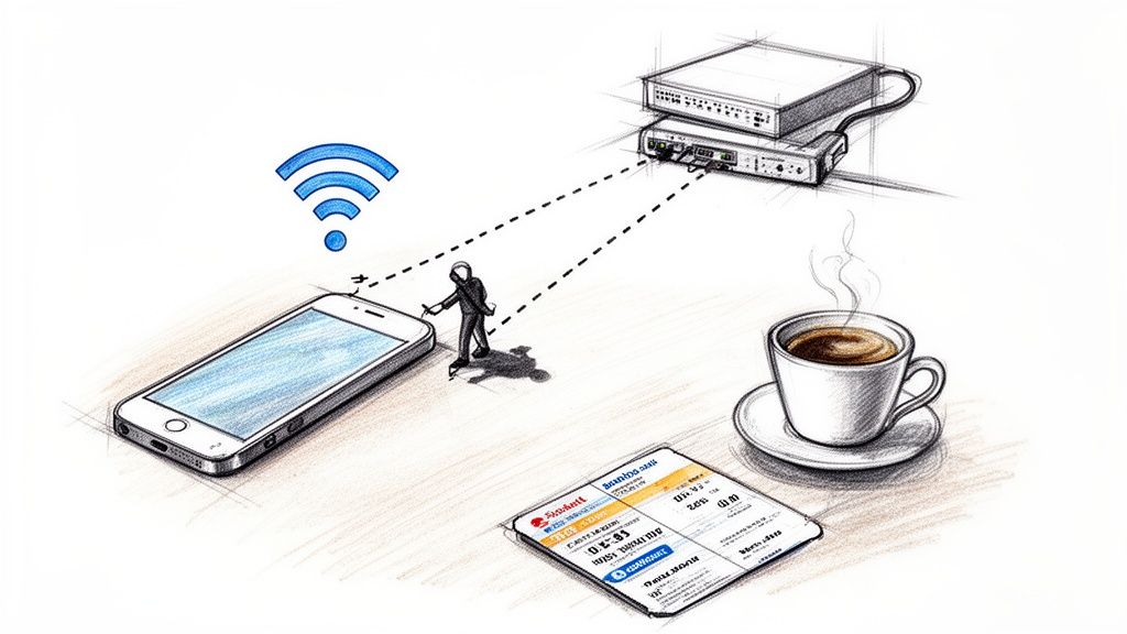 A sketch showing a smartphone with Wi-Fi connected to network devices, with coffee and a document.