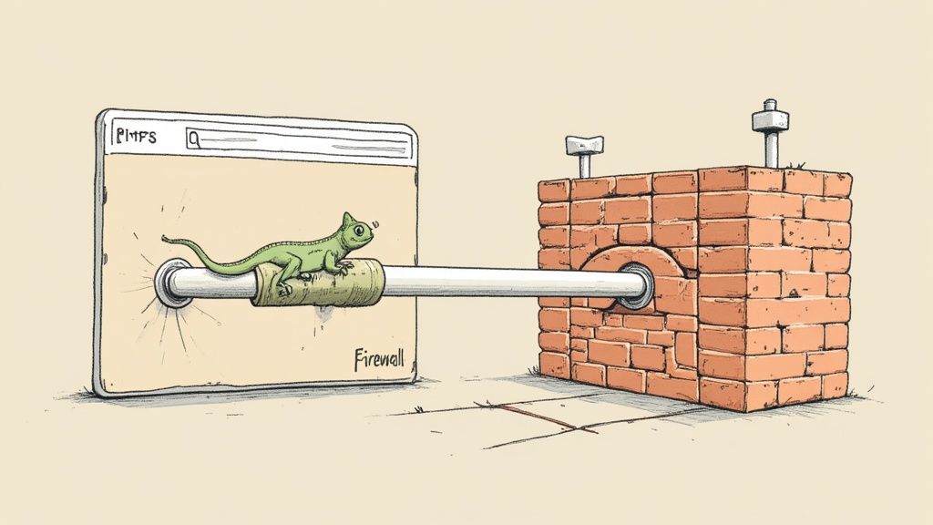 سحلية تتمدد على أنبوب تمر عبر جدار ناري للوصول إلى المحتوى، رمز لفك الحظر.