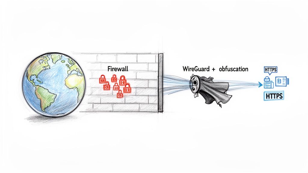A diagram showing WireGuard and obfuscation bypassing a firewall with red padlocks to reach HTTPS servers.