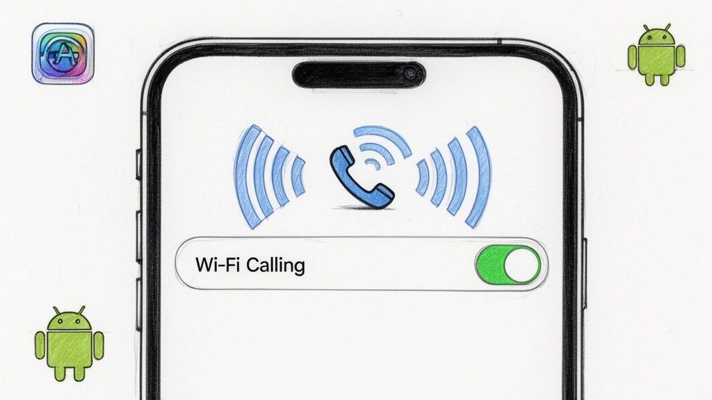 手描き風のスマホ画面にWi‑Fi通話が有効になっているイラスト、通話アイコンや波、Androidロボットの絵