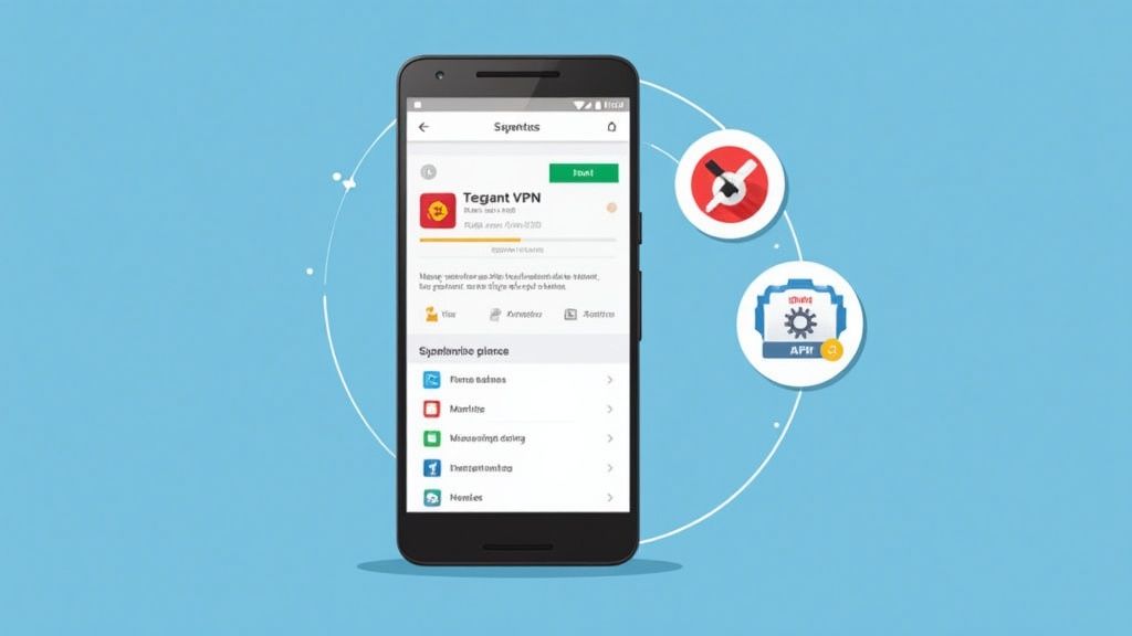 هاتف ذكي يعرض Google Play Store مع تطبيق VPN جاهز للتثبيت.