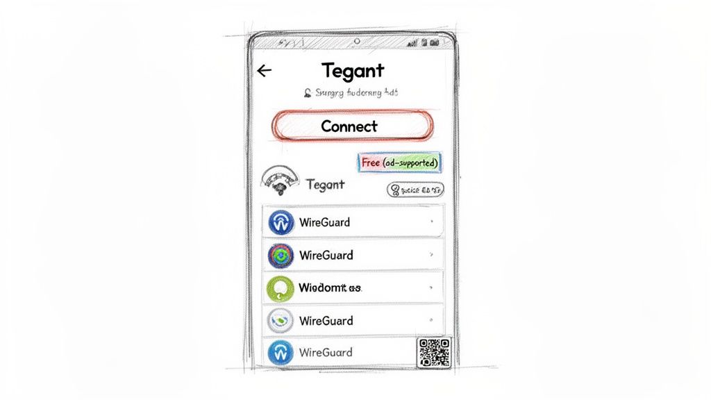 A sketched mobile app screen showing 'Tegant' with a 'Connect' button and multiple 'WireGuard' options.