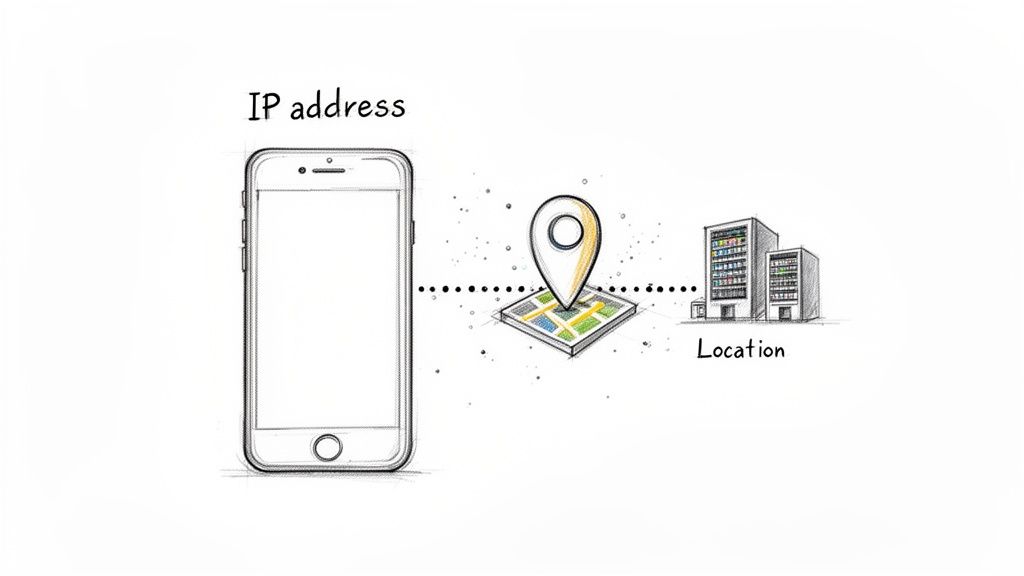 A sketch illustrating how an IP address from a smartphone can be mapped to a physical location.
