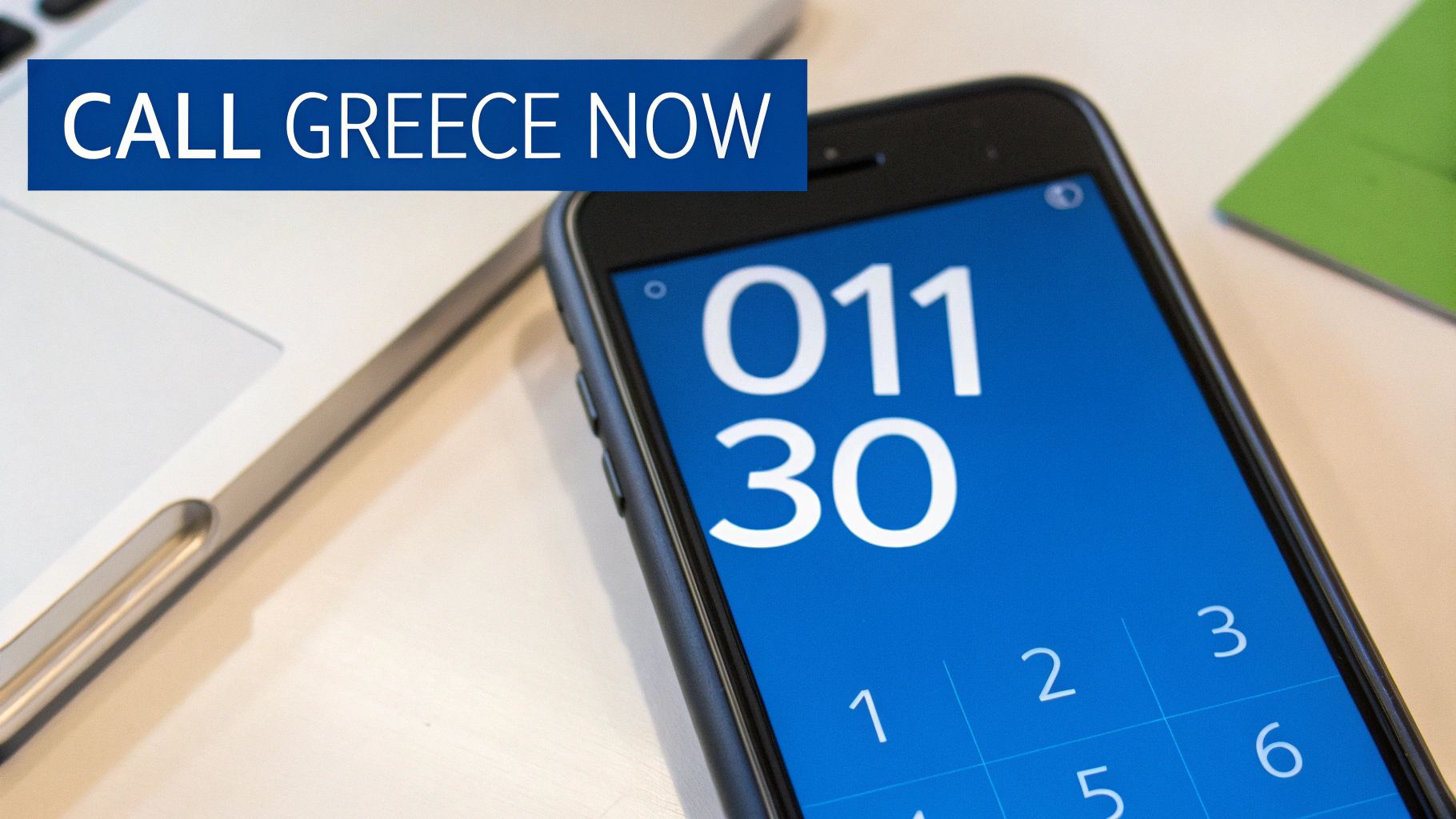 スマートフォンの画面に「011 30」と表示され、青いバナーに「CALL GREECE NOW」と書かれている。