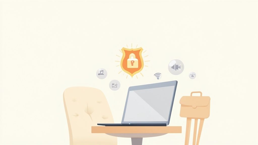 A laptop on a desk with a security shield and various digital icons, symbolizing online protection.