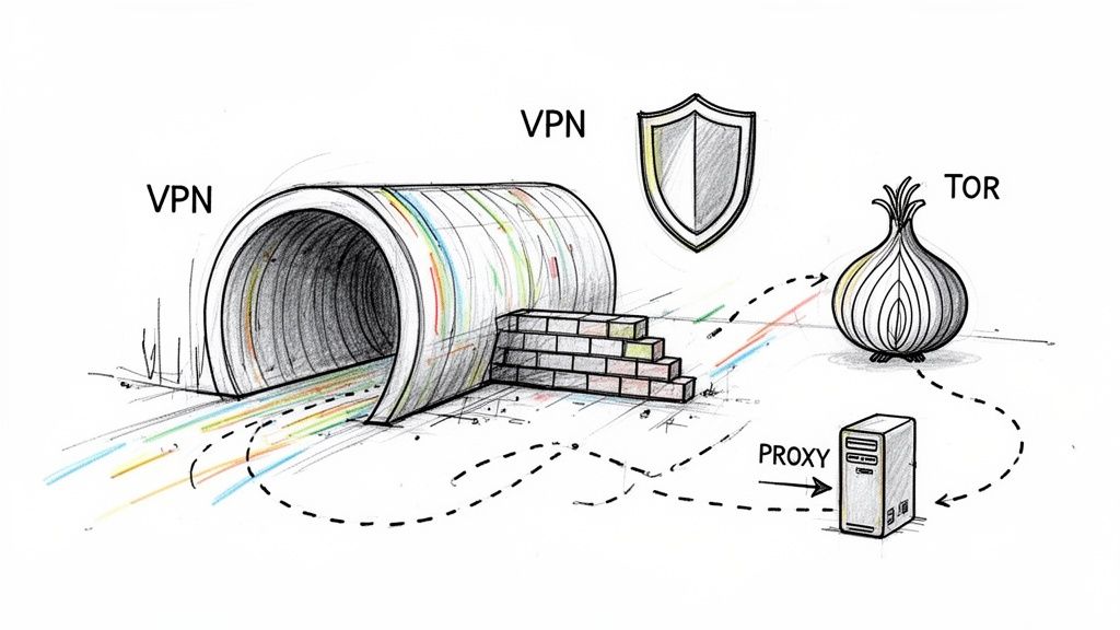 Diagram illustrating the layered approach to online privacy using VPN, TOR, and a proxy server.